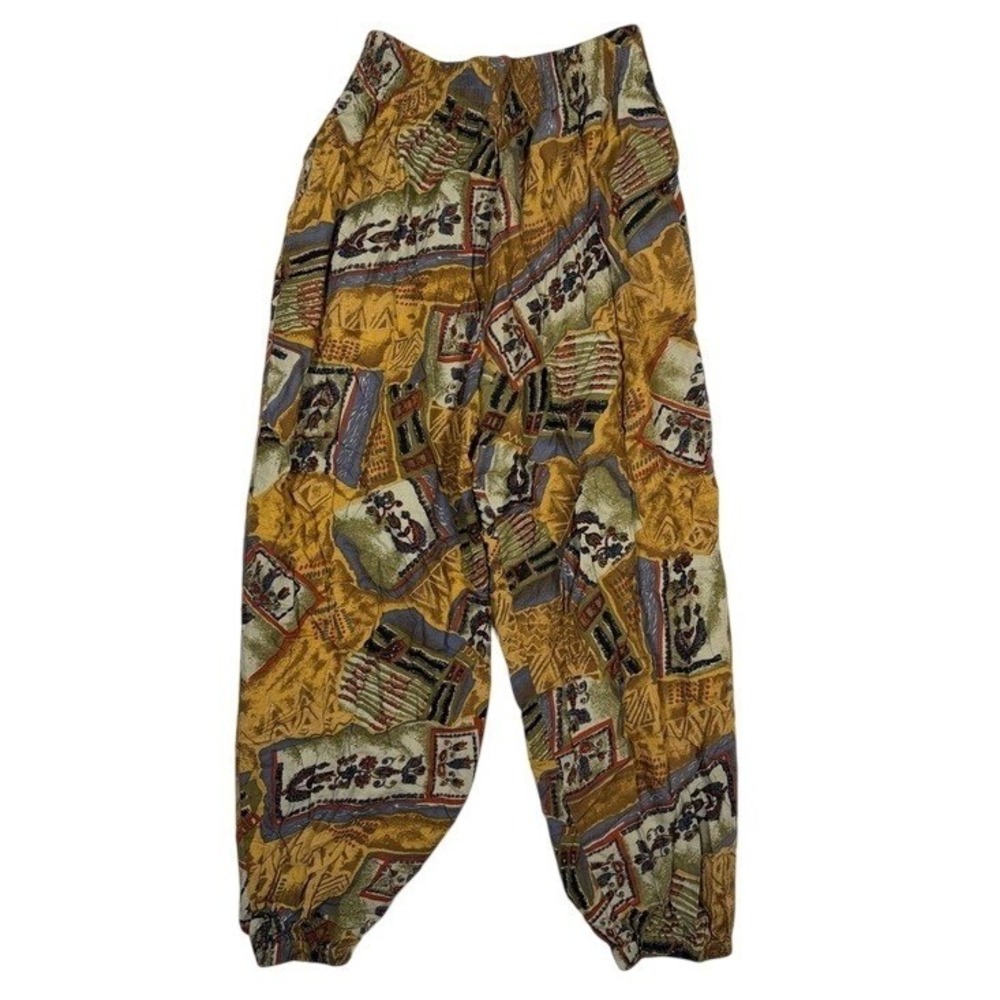 Vintage Style Abstract Geometric Floral Joggers Yellow Multi High Rise Boho
